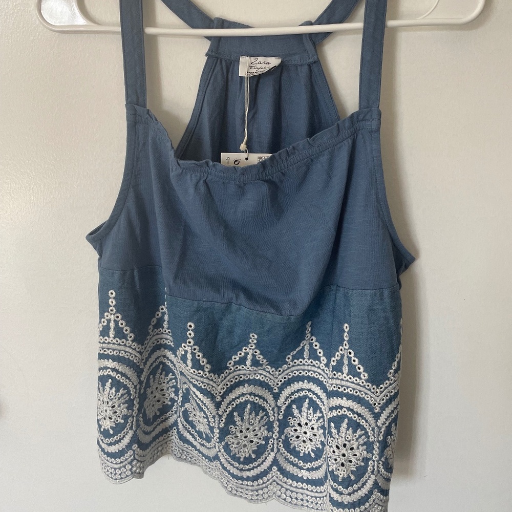 Zara denim / cotton embroidered  top